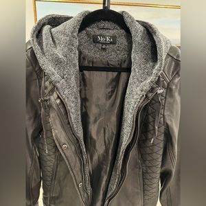 MO-KA Meriam Knit Hood Faux Leather Jacket XL | Dark Grey